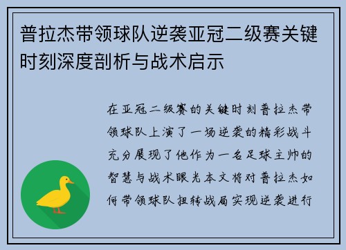 普拉杰带领球队逆袭亚冠二级赛关键时刻深度剖析与战术启示