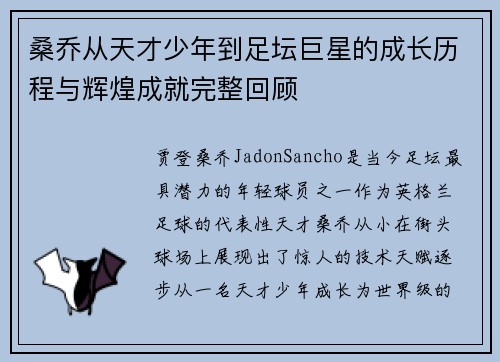 桑乔从天才少年到足坛巨星的成长历程与辉煌成就完整回顾