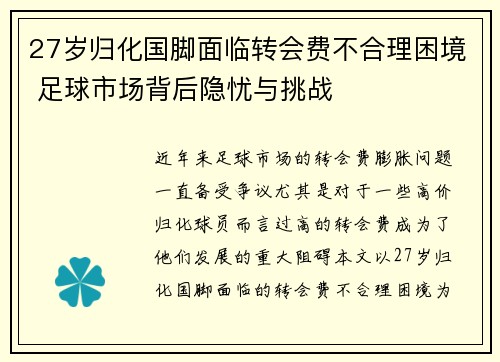 27岁归化国脚面临转会费不合理困境 足球市场背后隐忧与挑战